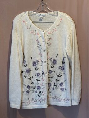 dressbarn Cream Cardigan with Purple & Pink Floral Embroidery